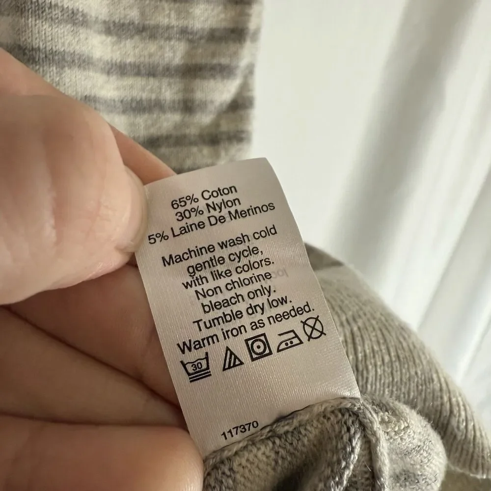 J Crew Harbor Cotton Sweater Men's Large Slim Fit Grey White Striped Crewneck